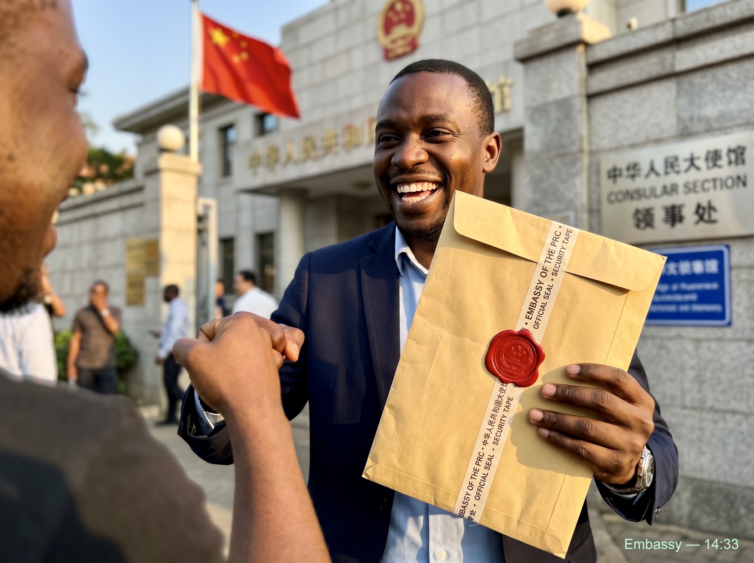 Agent handing over sealed official envelope outside the Chinese Embassy Consular Section — 14:33