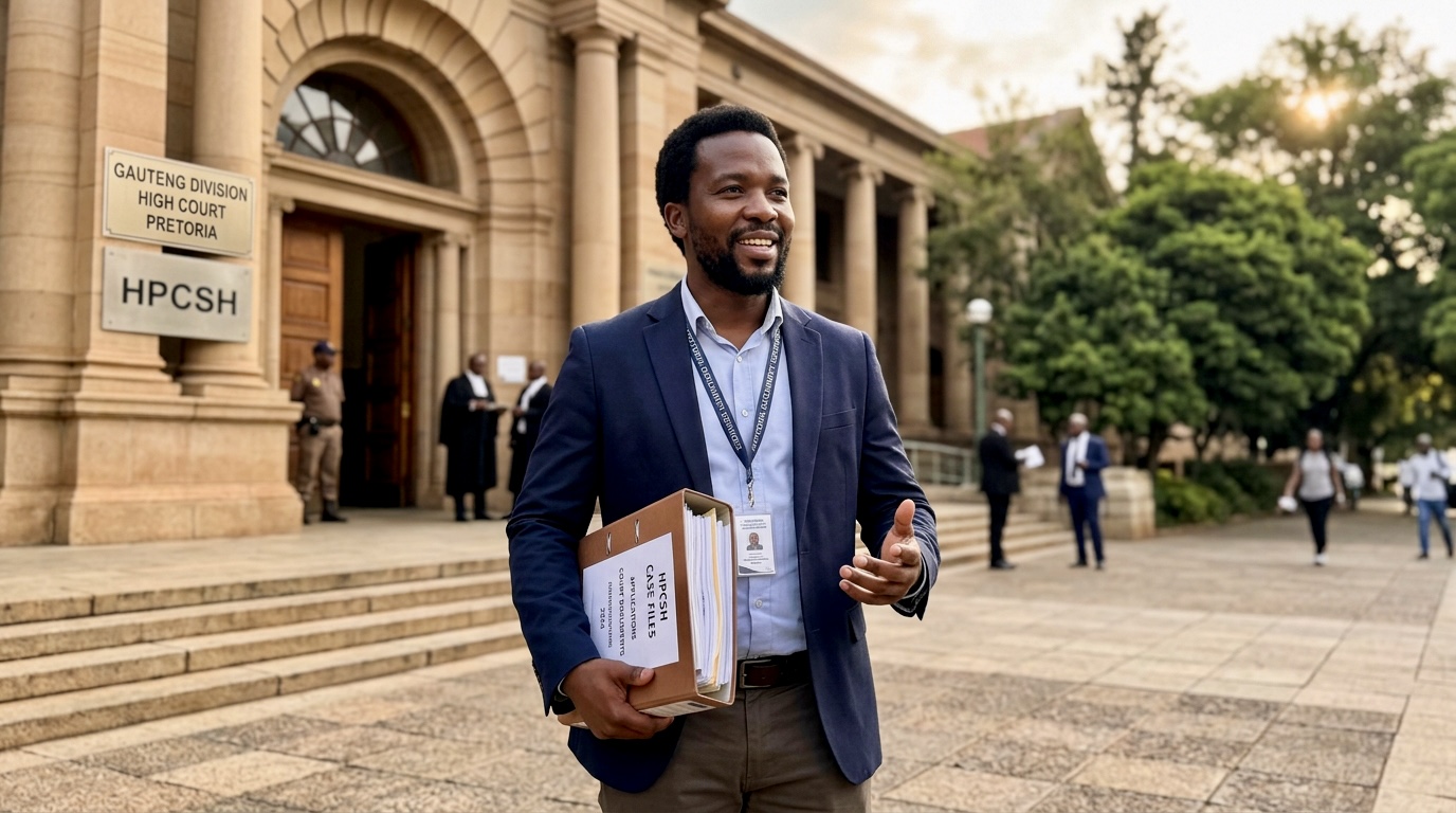 Mnguni Project agent standing outside the Gauteng Division High Court Pretoria (HPCSH), holding a case file binder and smiling