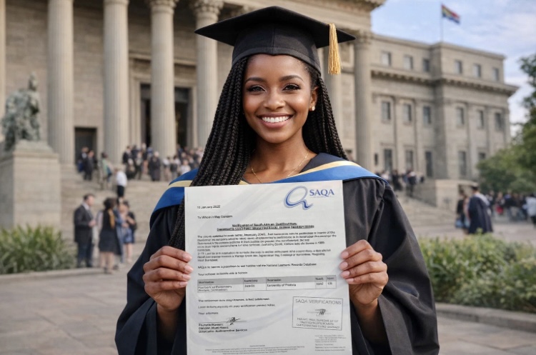 Happy graduate in cap and gown holding a SAQA verification letter outside university