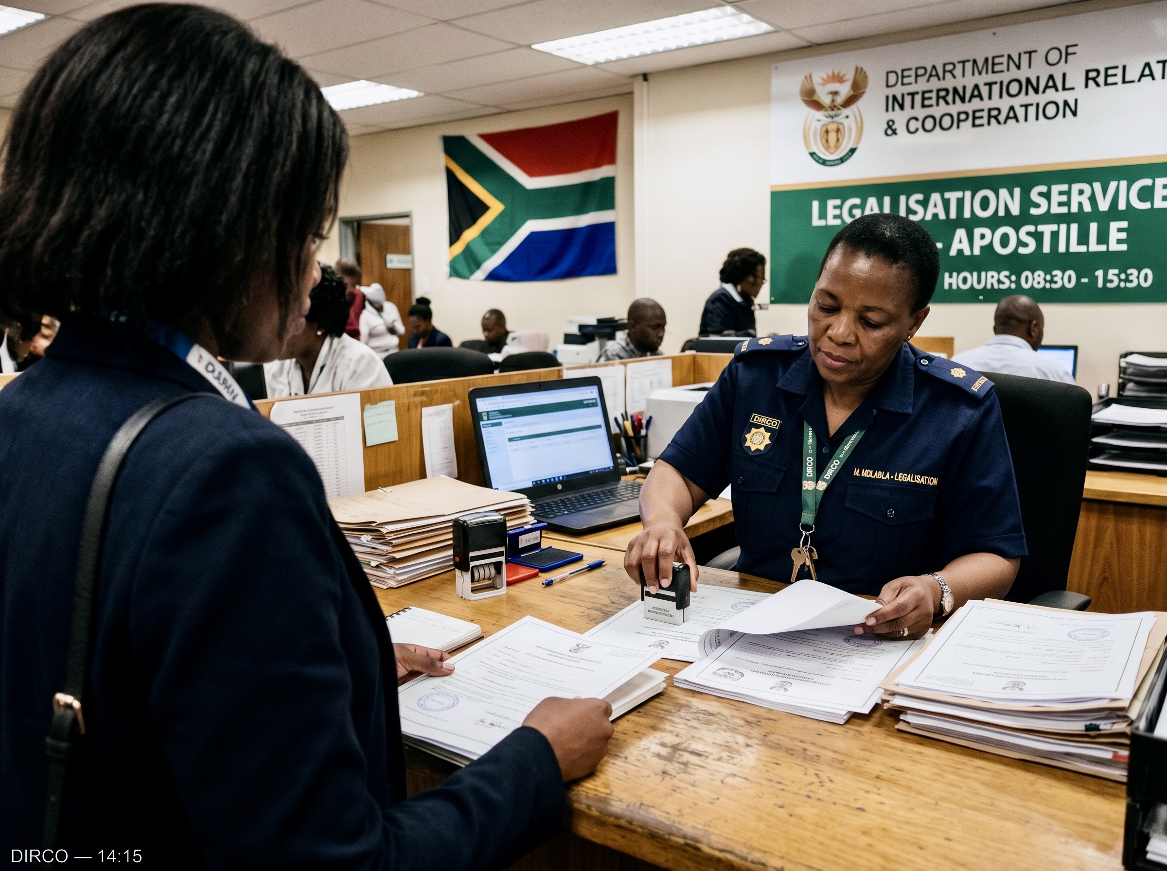 DIRCO officer stamping documents at the Legalisation Services and Apostille counter — Department of International Relations and Cooperation, 14:15