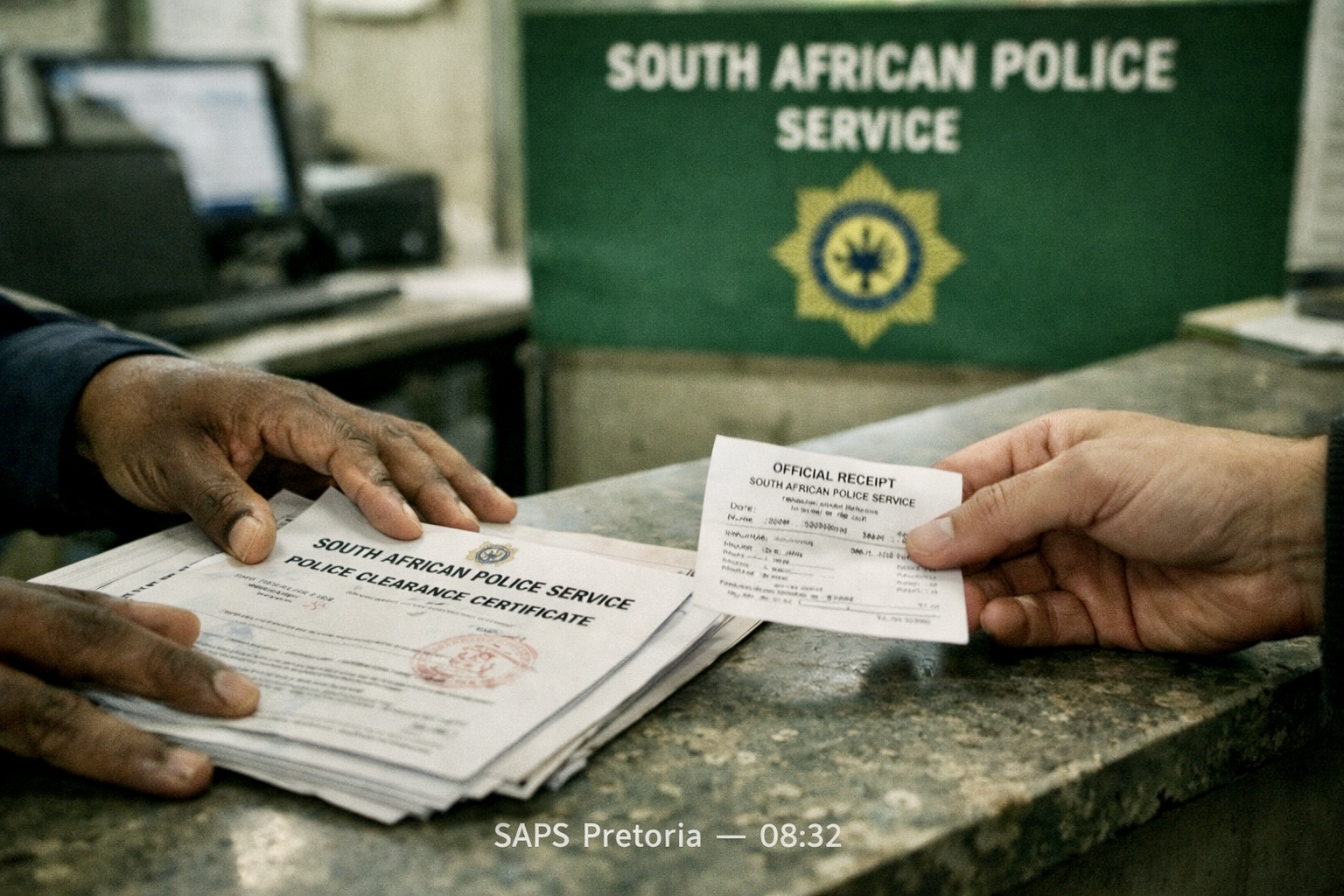 Police Clearance Certificate collected at South African Police Service counter, SAPS Pretoria — 08:32