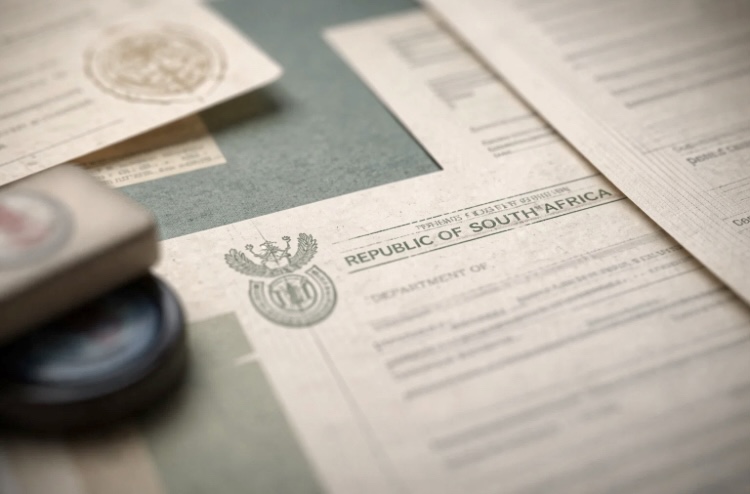 Republic of South Africa official document with government stamp — moody close-up