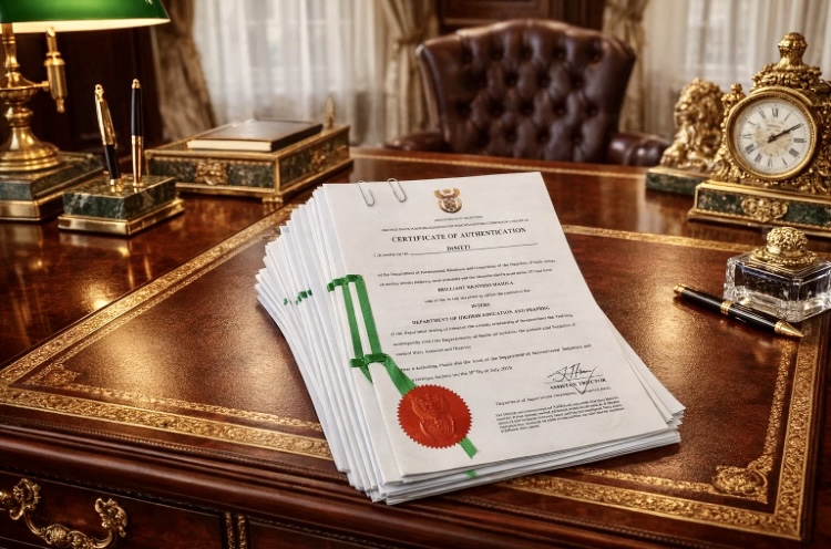Stack of authenticated Certificates of Authentication on a mahogany desk